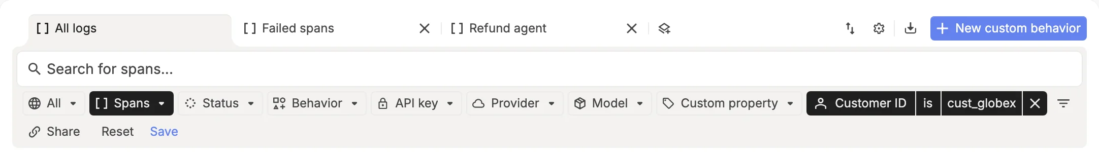 A Customer ID filter on All logs, followed by Share, Reset and Save
