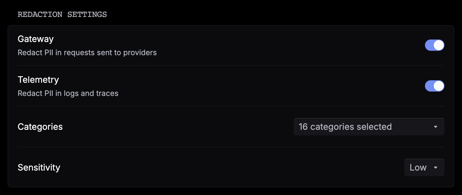 Redaction settings with the Gateway and Telemetry toggles, Categories set to 16 categories selected, and Sensitivity set to Low