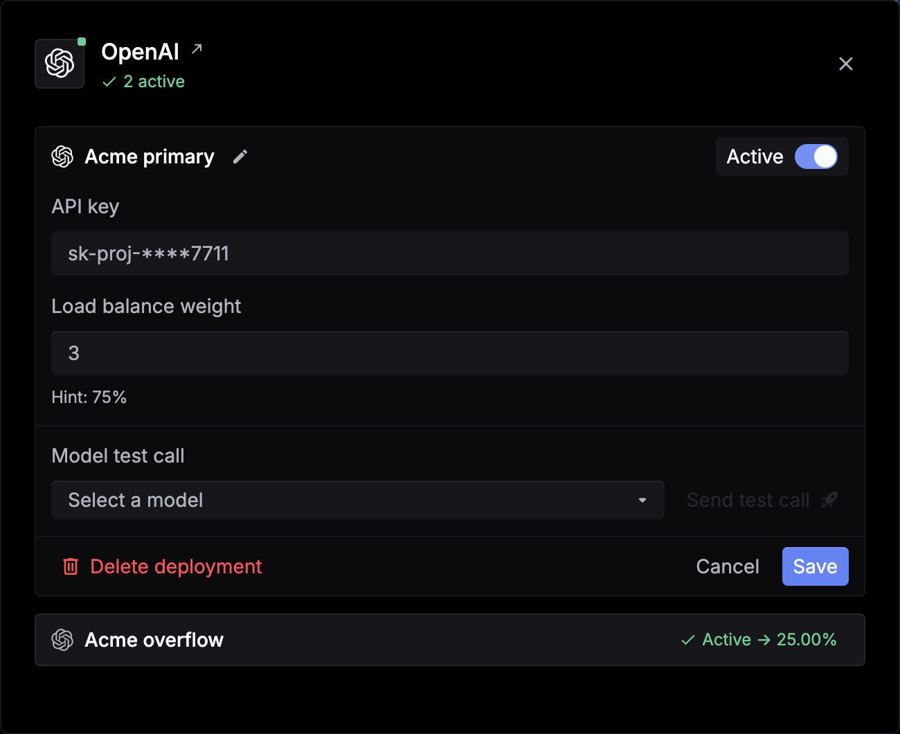 An OpenAI deployment named Acme primary with Load balance weight 3 and a hint of 75%, above a second deployment, Acme overflow, at 25%