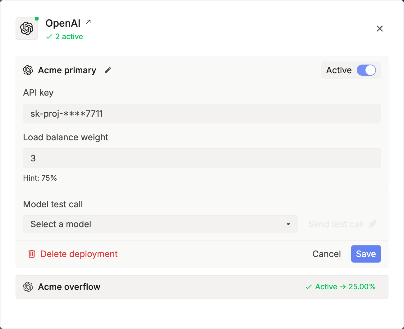 An OpenAI deployment named Acme primary with Load balance weight 3 and a hint of 75%, above a second deployment, Acme overflow, at 25%