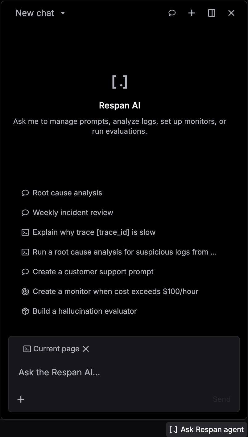 The Respan AI chat panel opened from Ask Respan agent, with saved skills, starter prompts, and a message box with the Current page chip