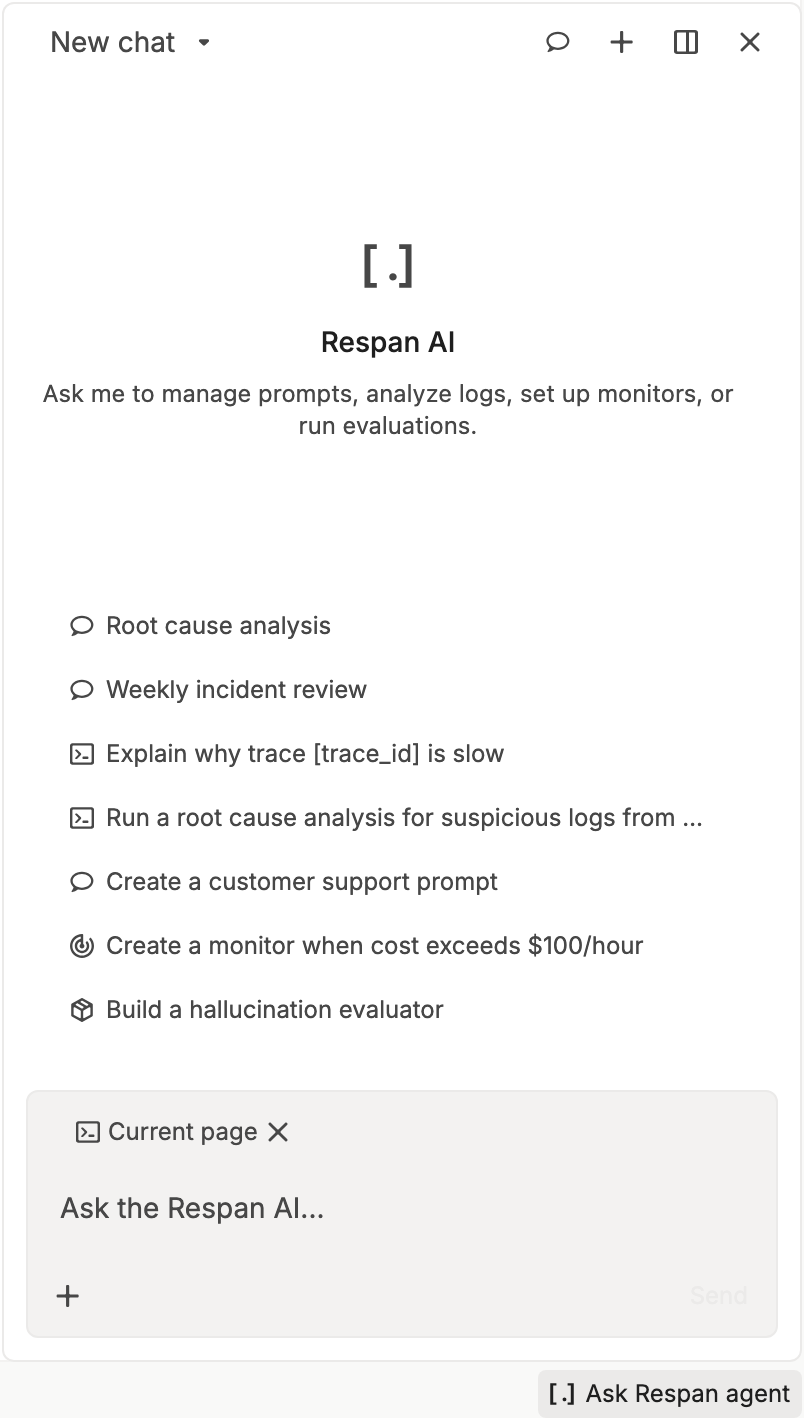 The Respan AI chat panel opened from Ask Respan agent, with saved skills, starter prompts, and a message box with the Current page chip